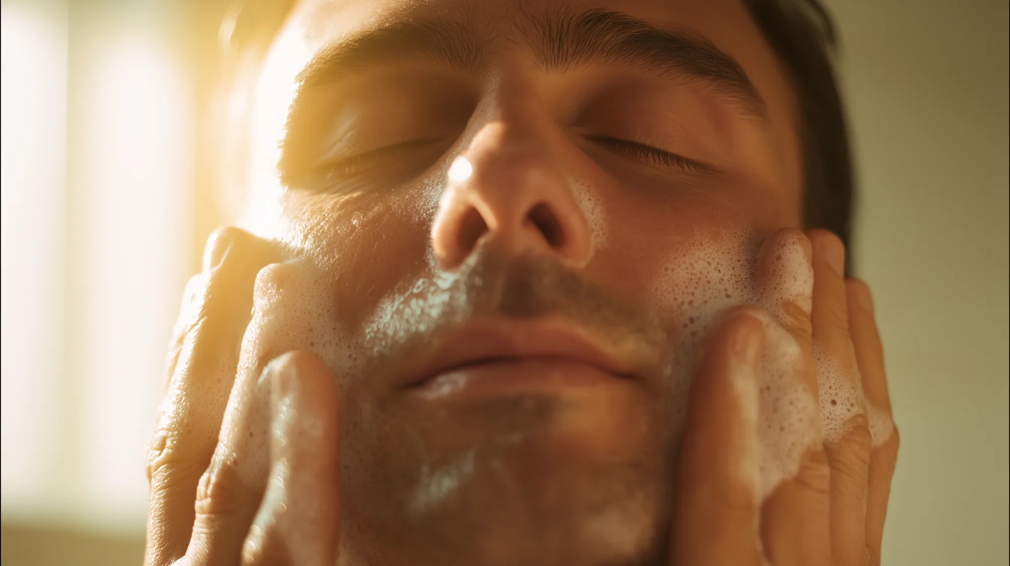 Curated lineup of men's face wash bottles on a warm-toned stone ledge
